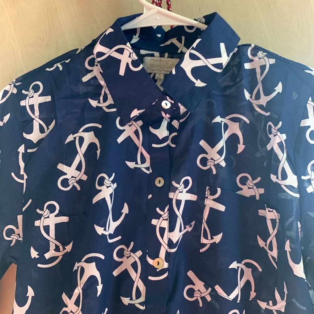Navy and white anchor shirt with three-quarter length sleeves